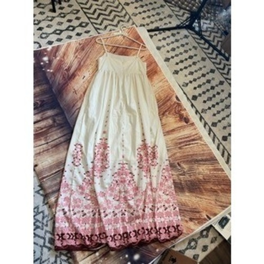 Tree of Life Cream Pink Floral Damask Border Print Linen Maxi Dress Empire Waist - Picture 9 of 12